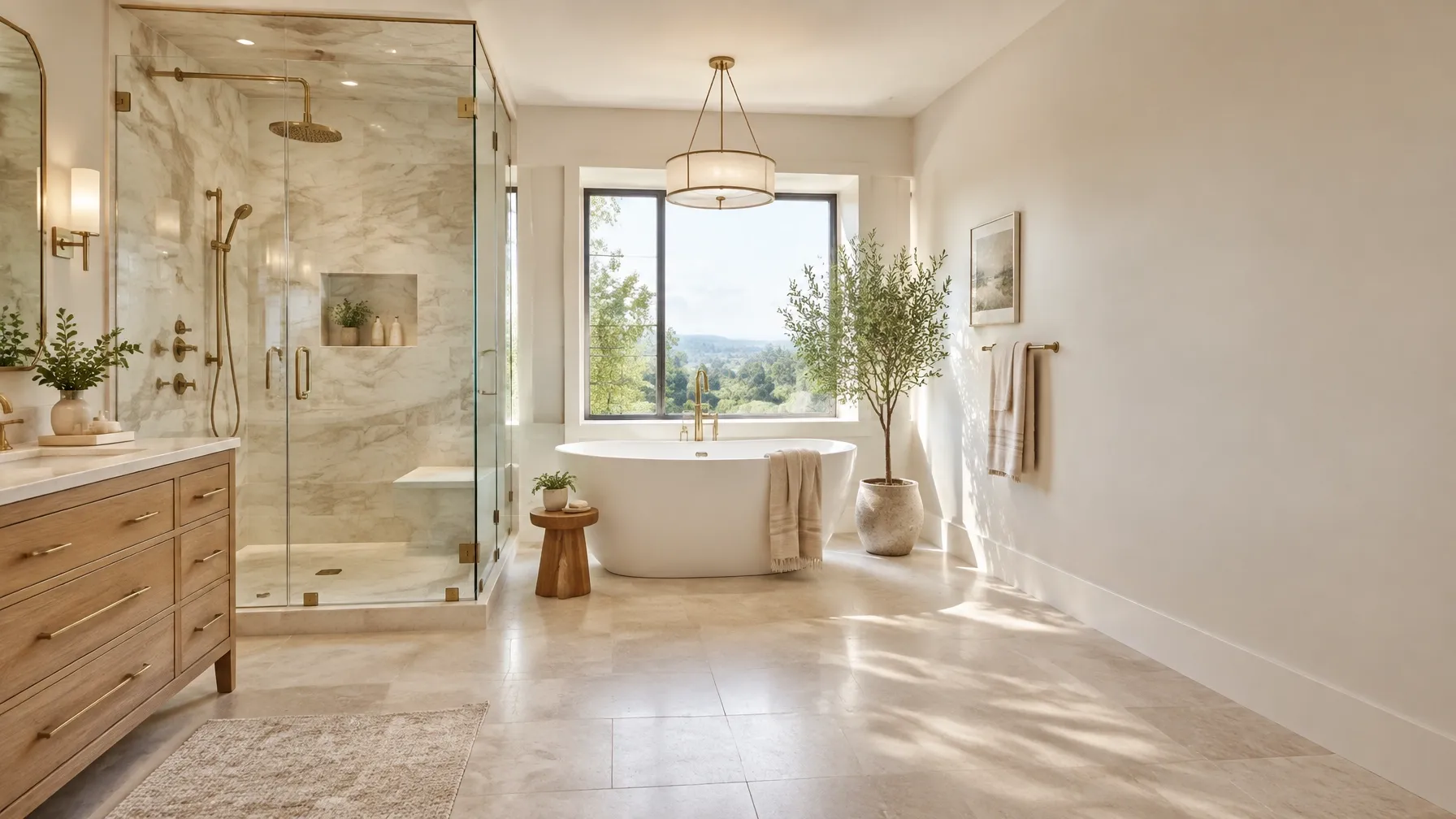 Bright luxury bathroom with a marble walk-in shower and freestanding soaking tub