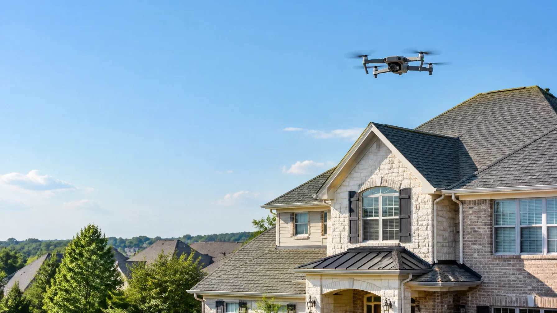 Professional drone inspecting the roof of a North Texas home