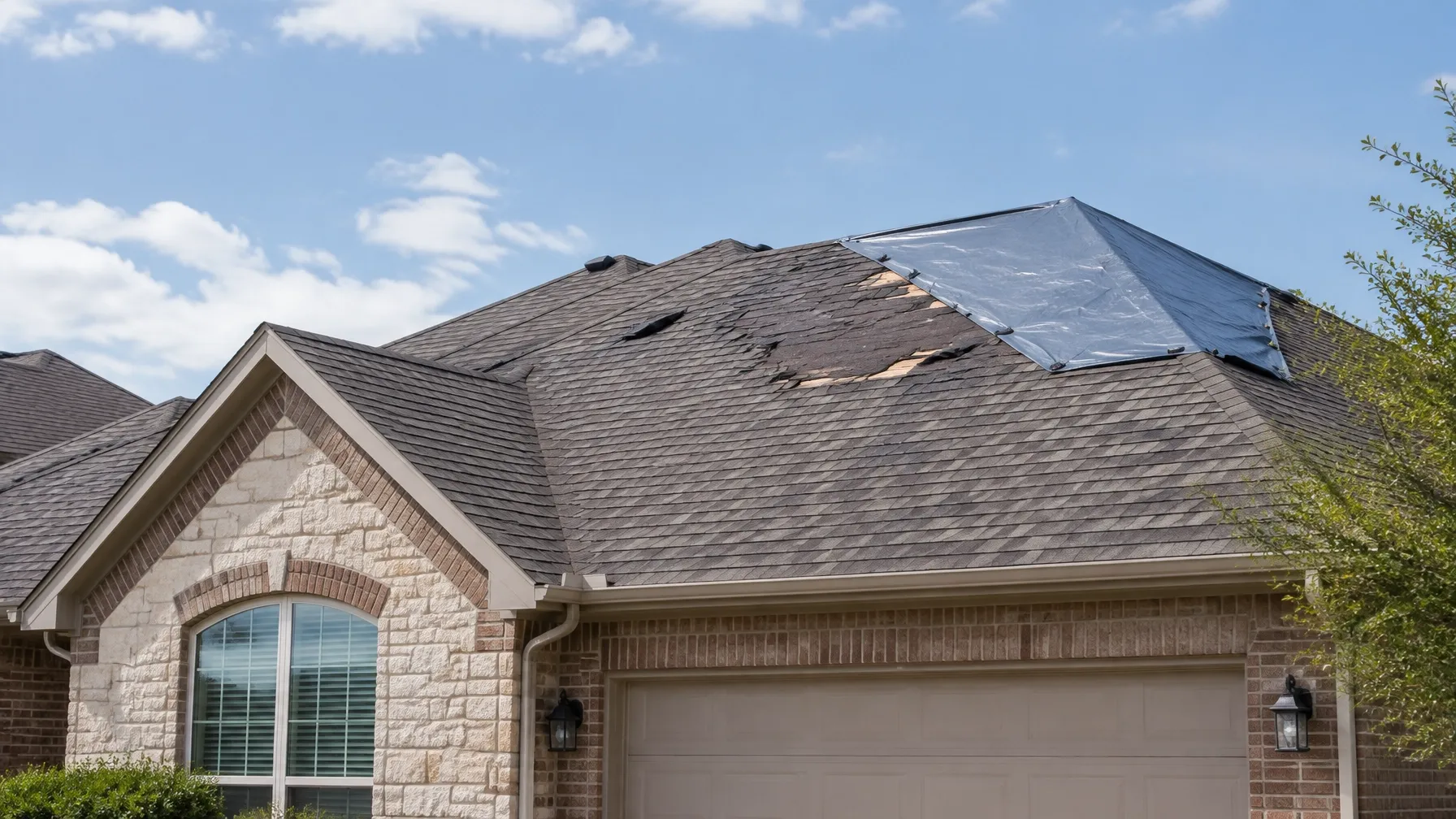 North Texas home with hail-damaged shingles and temporary roof protection