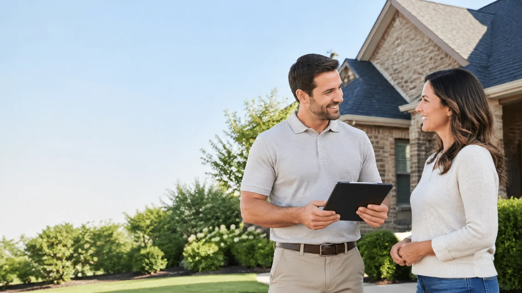 Roofing professional answering a homeowner's questions during a consultation