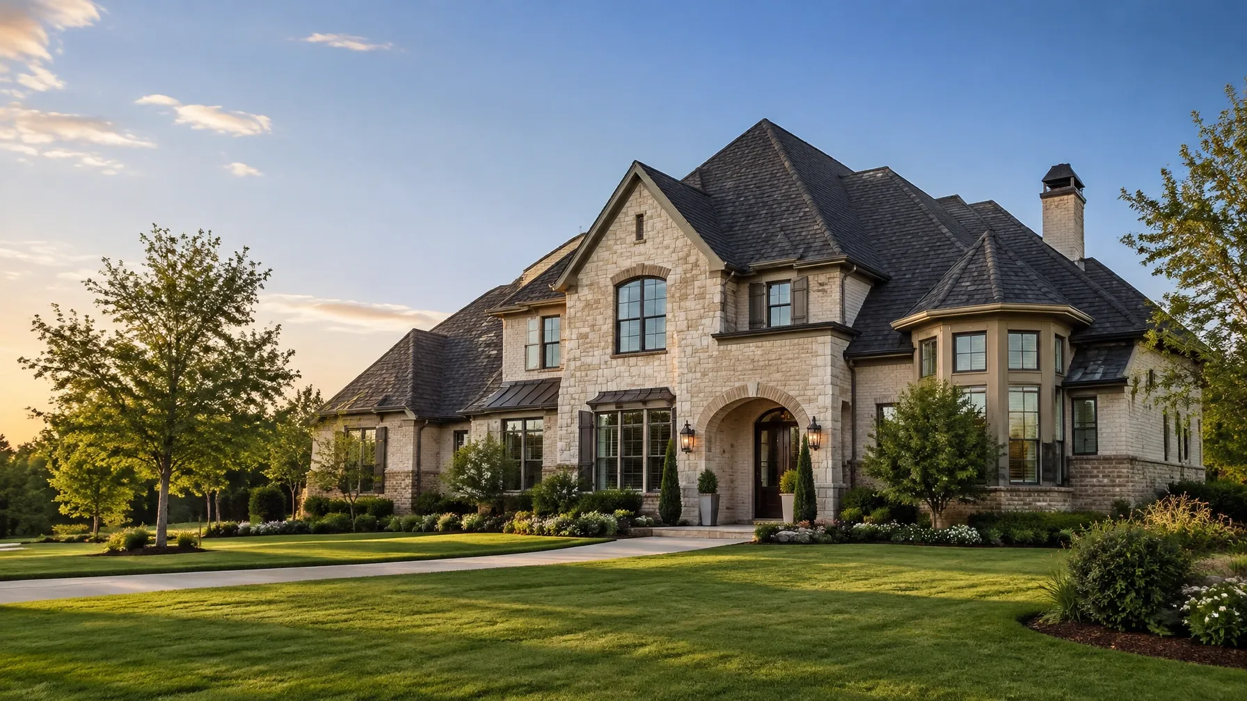 High-end two-story North Texas home with a complex roofline