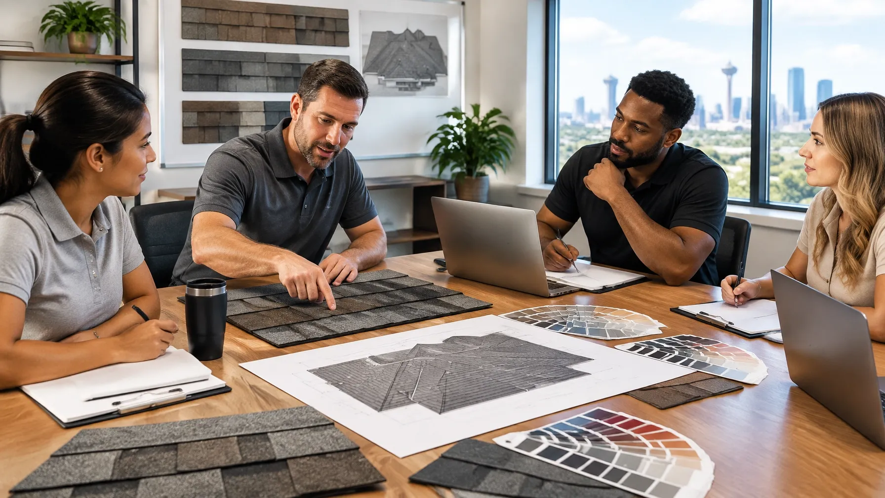RUOFF Roofing and Restoration sales team in a training session reviewing roofing materials