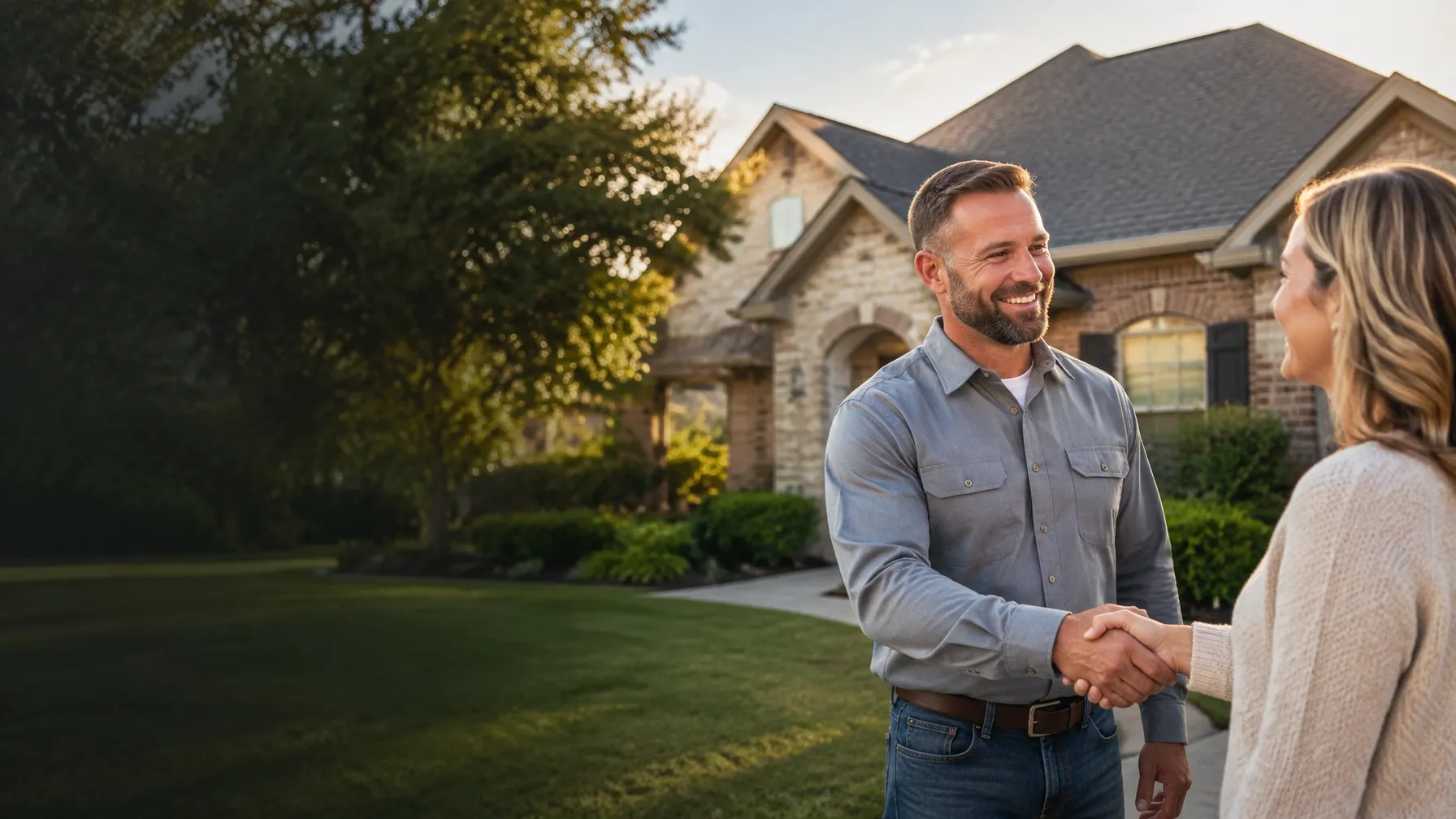 Roofing professional greeting a homeowner outside a welcoming North Texas home