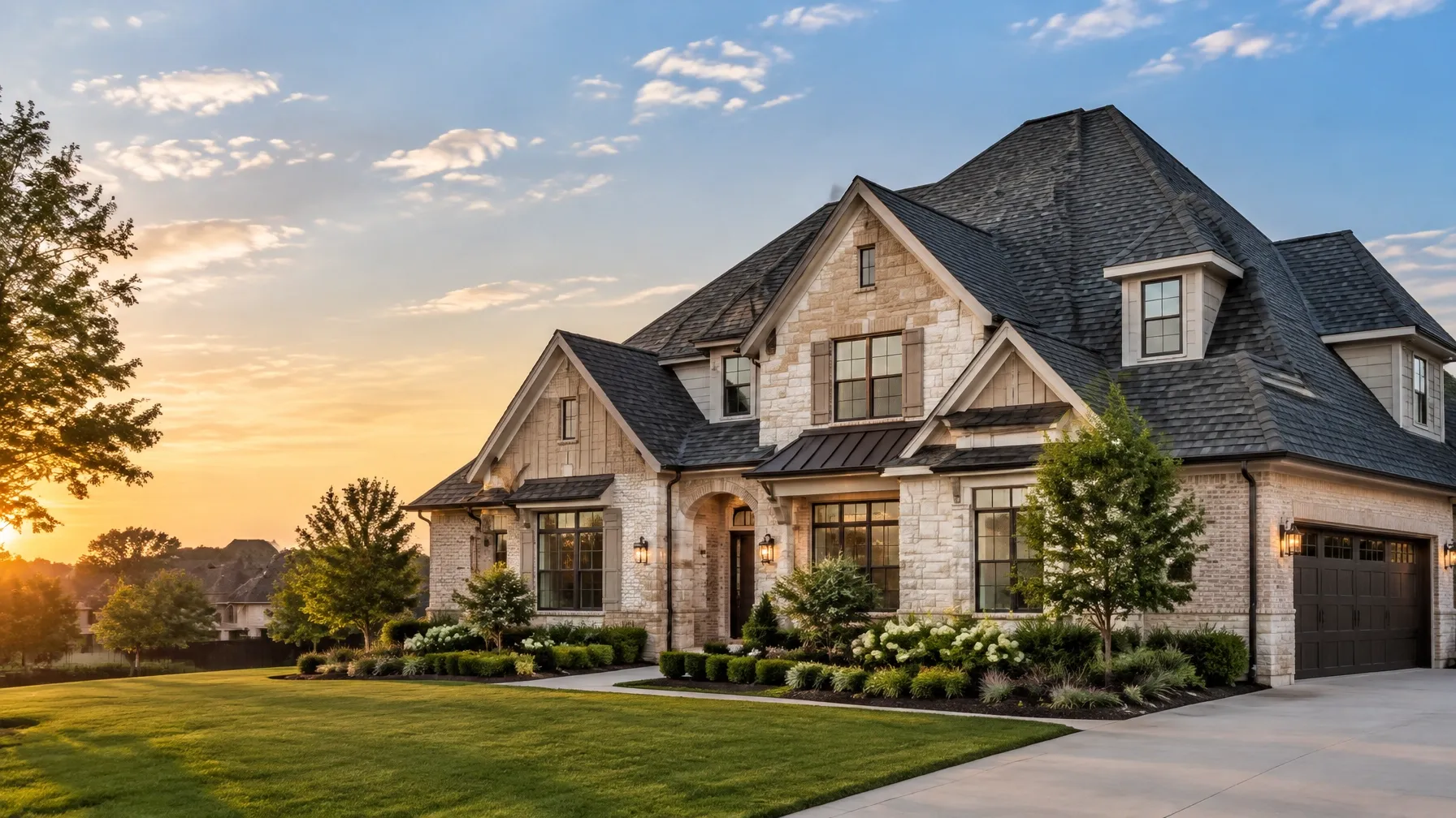 Large North Texas home with a complex multi-pitch roofline