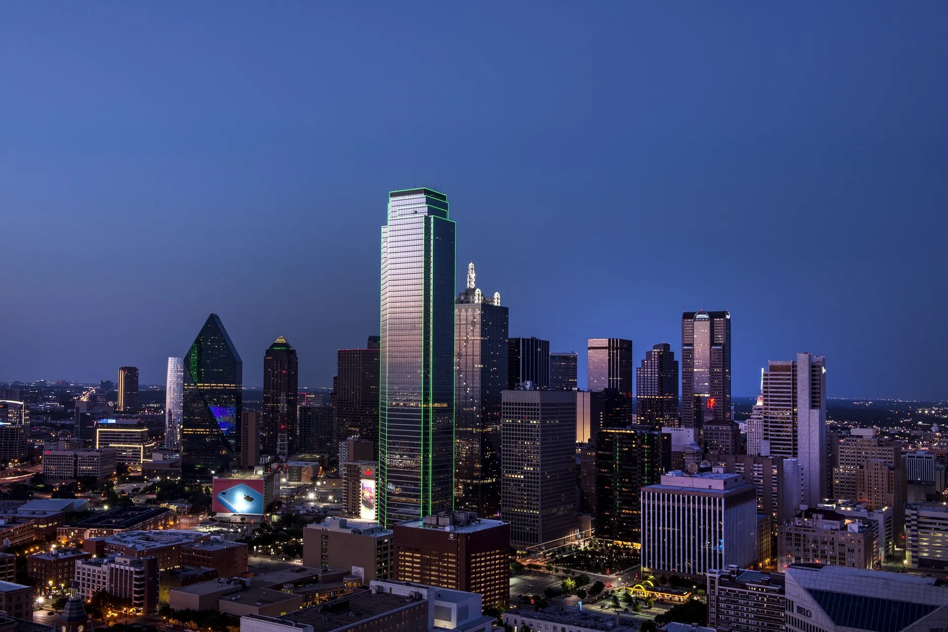 Downtown Dallas skyline across the Trinity River floodplain