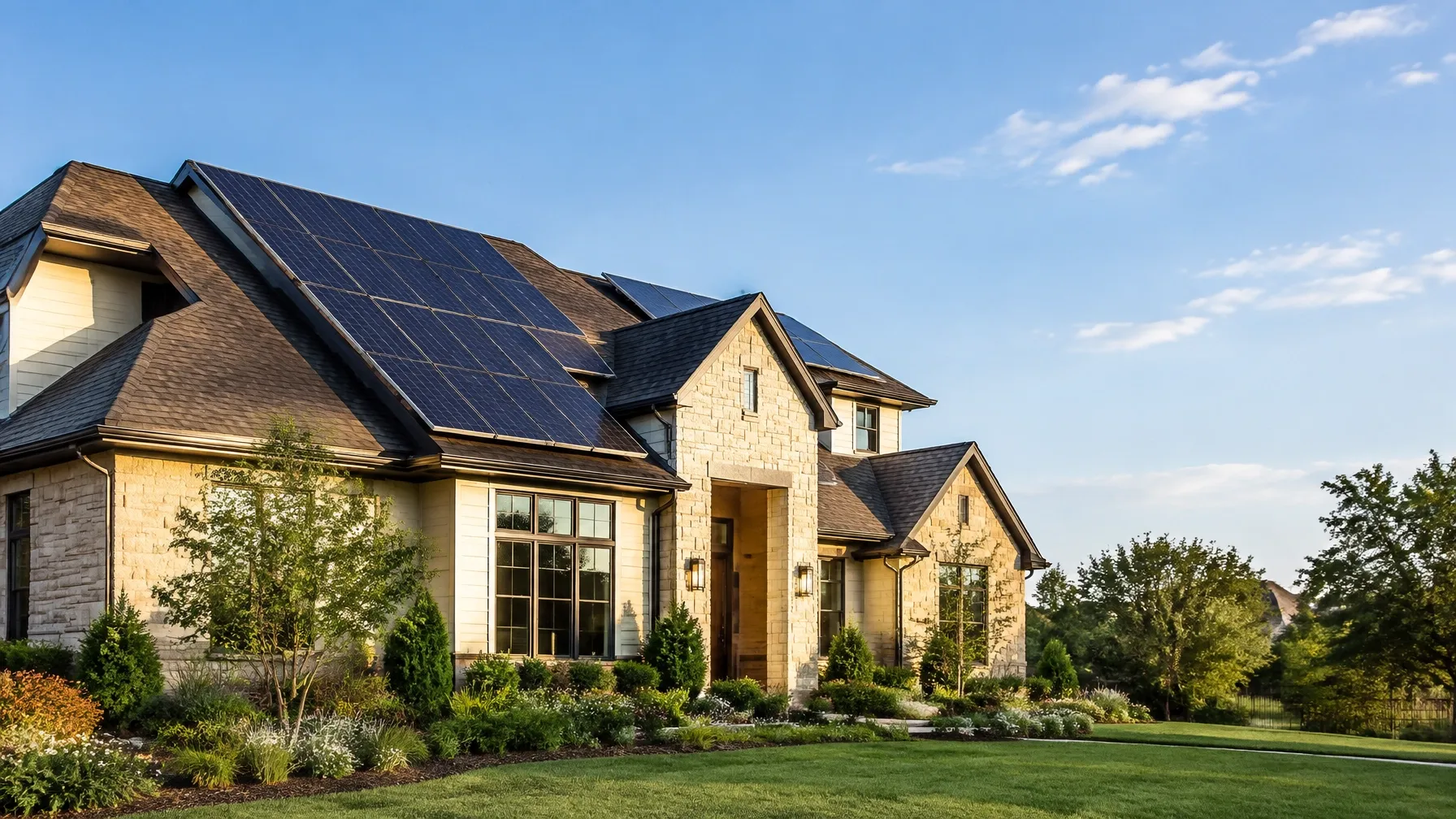 Upscale North Texas home with a large solar panel array on its roof